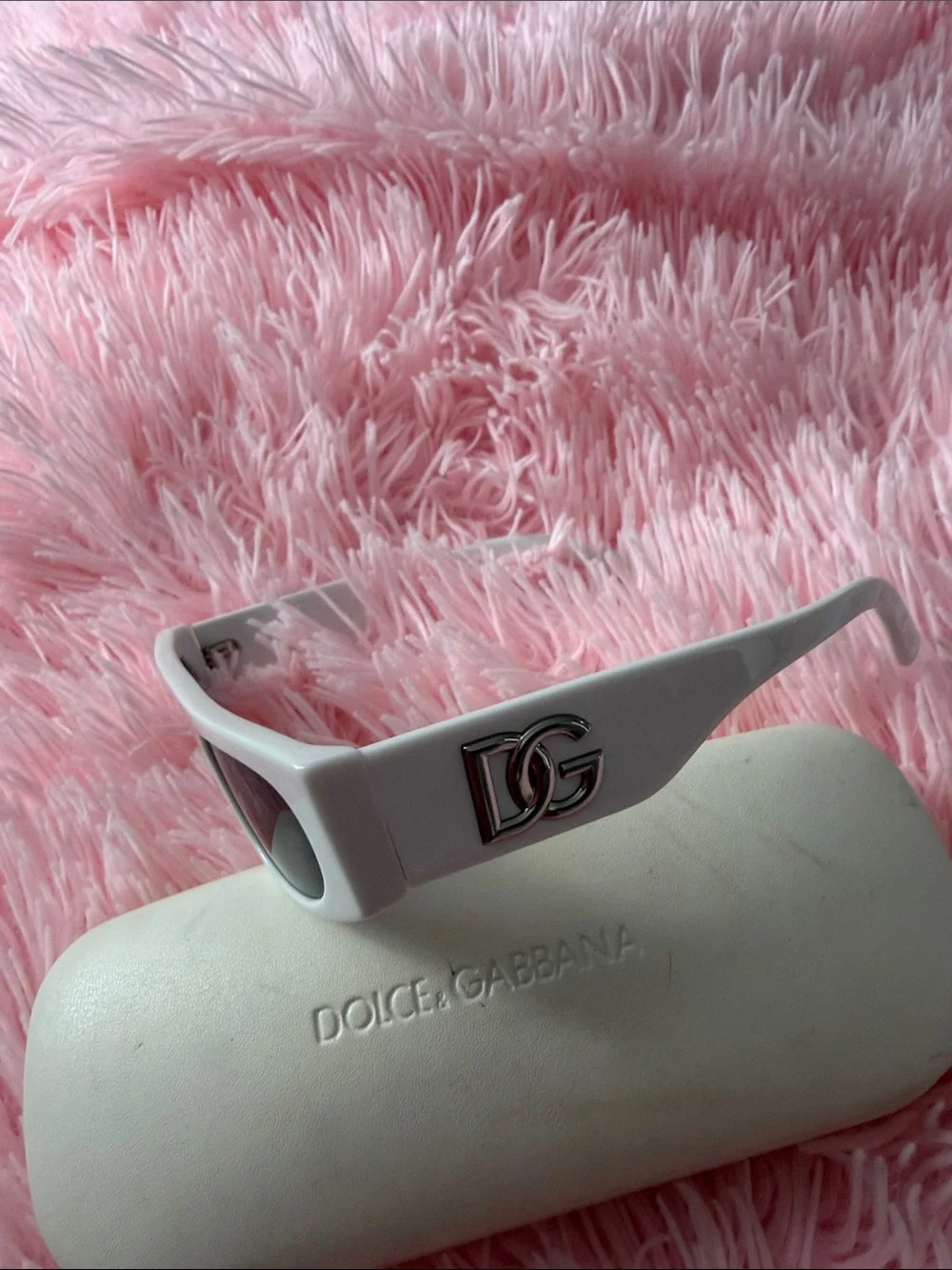 Dolce & Gabbana White Rectangular Sunglasses with Black Lenses